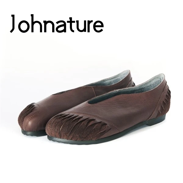 

Johnature 2021 Spring/Autumn Genuine Leather Loafers Square Toe Casual Retro Turned-over Edge Sewing Shallow Flats Women Shoes