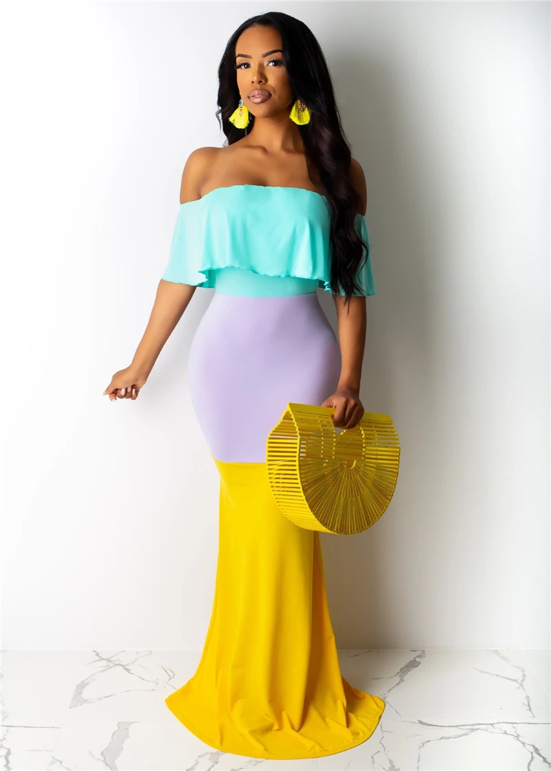 Adogirl Цветные Лоскутные вечерние платья макси с оборками элегантные женские