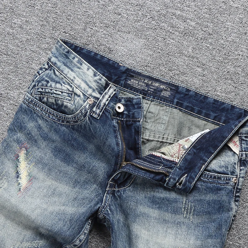

Italian Vintage Style Fashion Men Jeans Shorts Retro Blue Ripped Short Jeans Men Denim Shorts Patchwork Summer Hip Hop Shorts