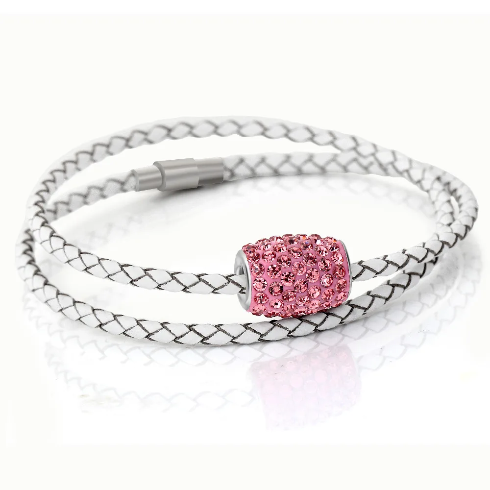 Длинный плетеный кожаный браслет двухслойный черный и белый с бусинами