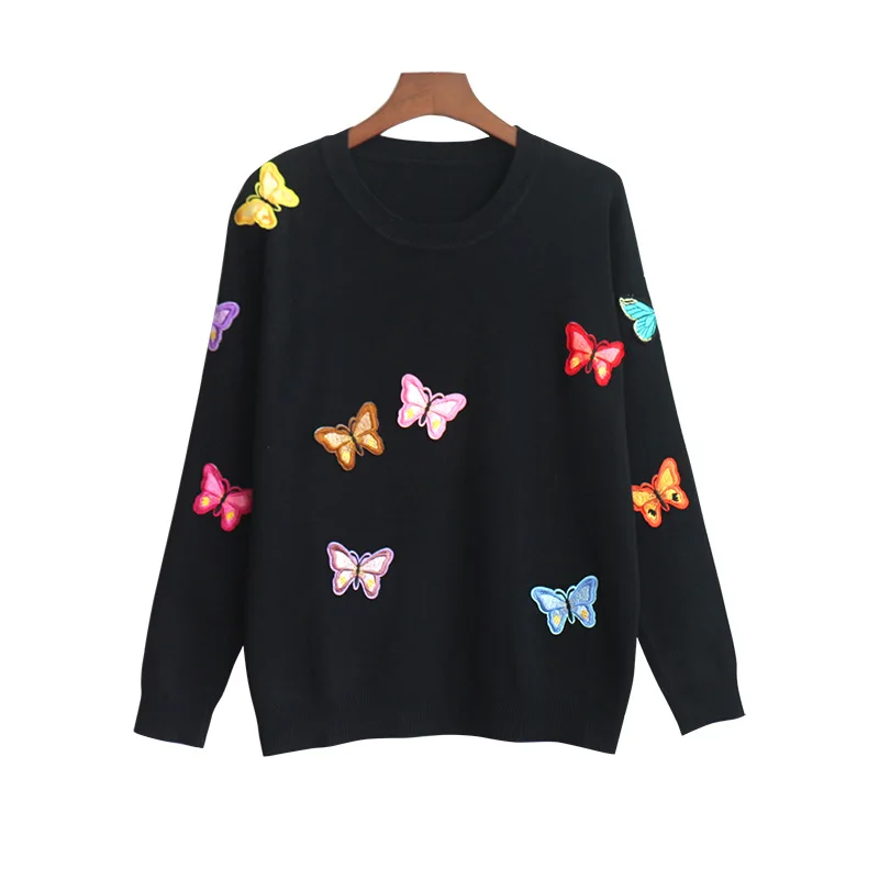 Black butterfly Baharcelin Для женщин для девочек; зимняя одежда с вышивкой, с вязаные свитера-пуловеры Повседневное свободный свитер с принтом в виде бабочек, свитер с животным, свитер, топы - Цвет: Black butterfly