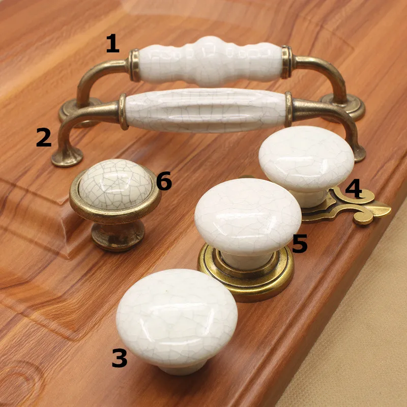 White Crack Ceramic Door Handles European Cabinet Drawer Handle Cupboard Kitchen Pull Vintage Bronze Knobs 128mm/Single Hole |