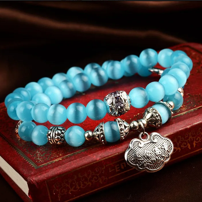 Женский двухслойный браслет кошачий глаз ручной работы из натурального камня в