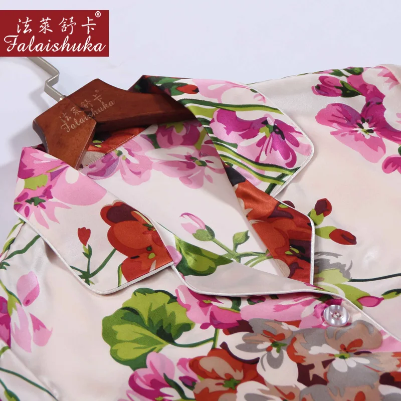 100% Silk Pajama Sets Women Flower Print Sexy Stain Pajama Set Two Piece Silk Nightwear pijama feminino Sleepwear Set Pajamas