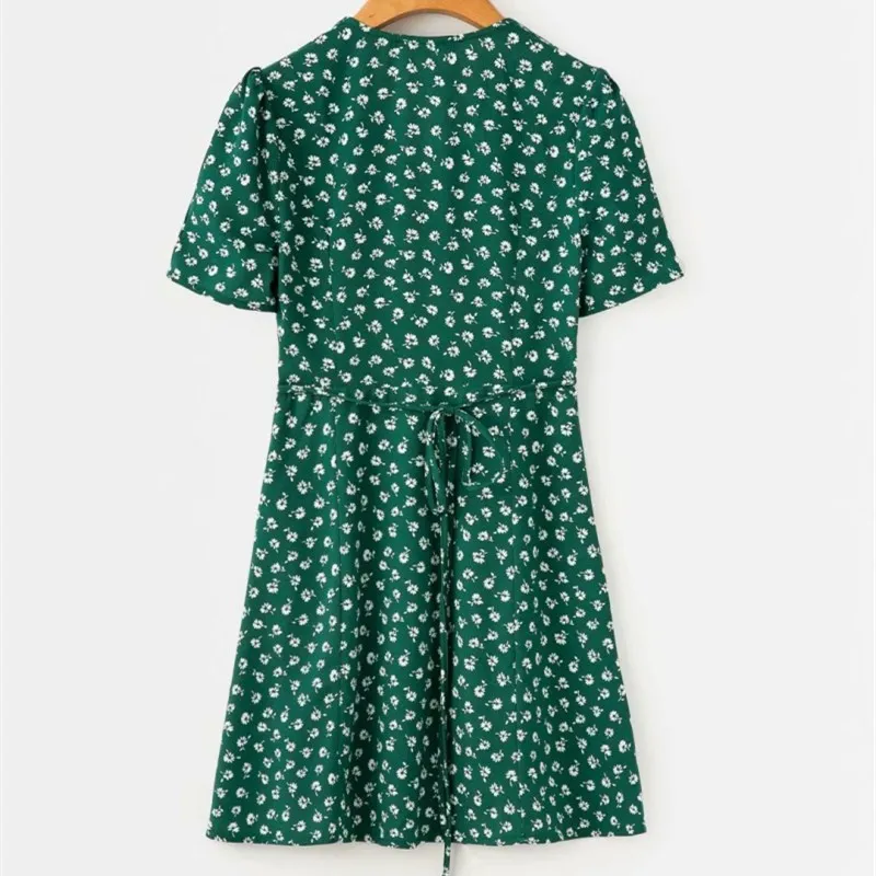 New Fashion Women V-Neck Floral Print Slim Dresses Vintage Summer Short Sleeve Lace-Up Mini Dress | Женская одежда