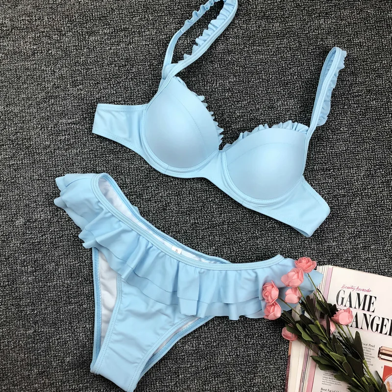 Solid Halter Top Swimwear Women Push Up Biquini 2019 Sexy Ruffle 2 Pieces Swimsuit Padded Bikini Set for Beachwear |
