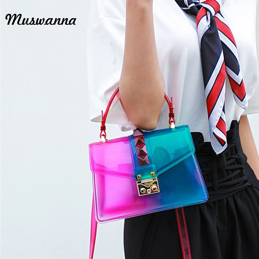 Прозрачная ПВХ-пленка сумки на плечо Топ Ручка заклепки градиент гелевые