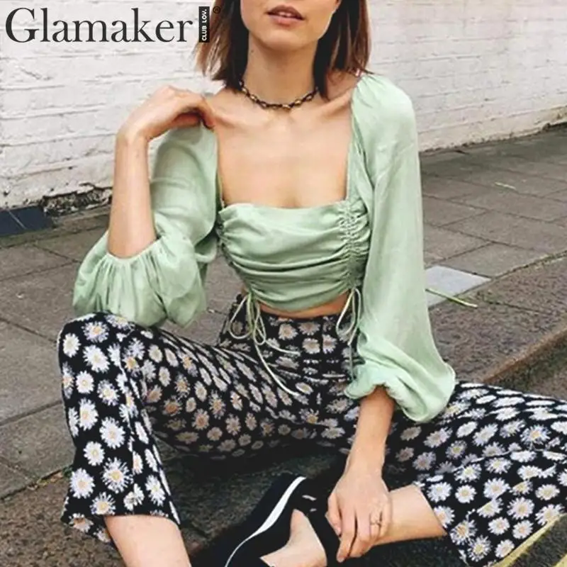 Glamaker Элегантный квадратный вырез женские рубашки Топы И Футболки Лето Шир свободный обрезанный Женский Топ повседневные Зеленые Короткие футболки