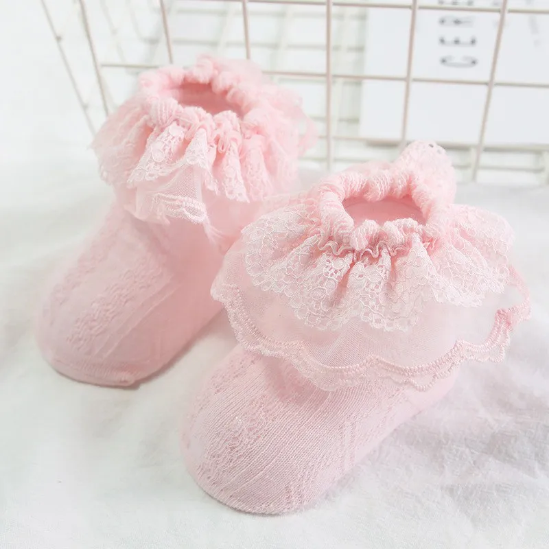 Весенние хлопковые однотонные носки для маленьких девочек с кружевным дизайном