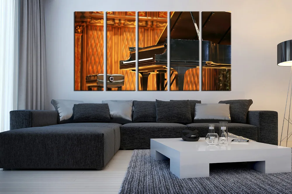 5 Piece Multi Panel Art Orange Photo Canvas Grand Piano Large Pictures Music Photography Musical Instrument Wall | Дом и сад