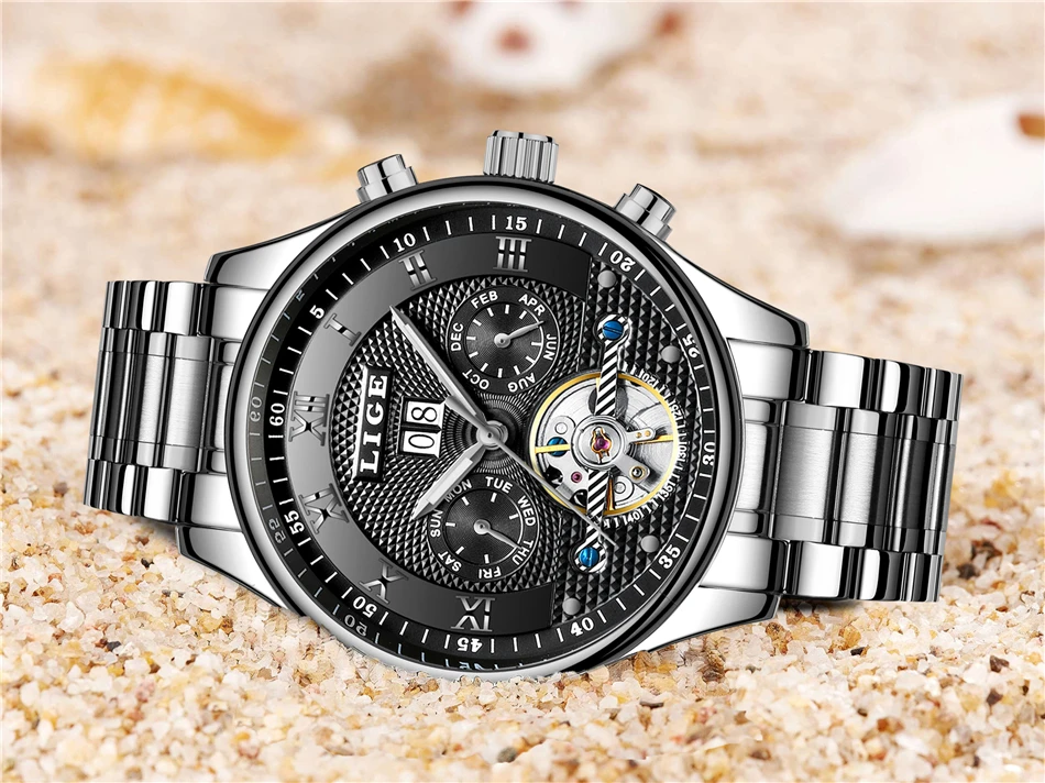 LIGE Fashion Sports Watch Men Business Leather Clock Mens Watches Top Brand Luxury Automatic Mechanical Watch Relogio Masculino