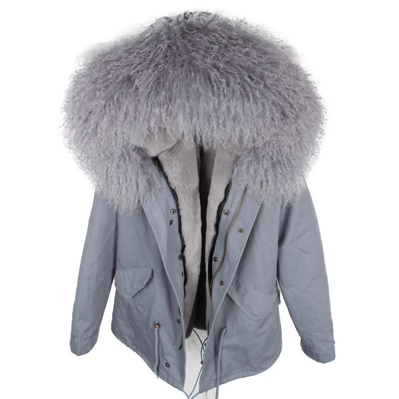 grey grey Parka Real Fur Coat Winter Jacket Women Real Mongolia Sheep Fur Parkas Thick Warm Luxury Detachable Outerwear Streetwear - Цвет: grey grey