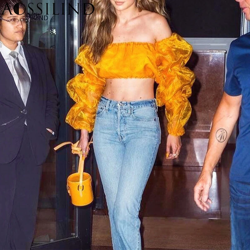 AOSSILIND желтый сексуальный сетчатый прозрачный короткий топ с длинными рукавами 2019