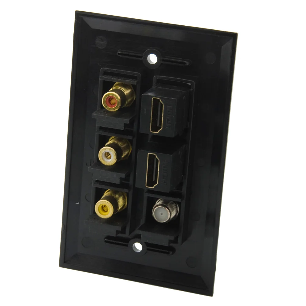 Однотонная настенная панель черного цвета с 3 портами s RCA 1 порт F RG6 TV 2 порта HDMI
