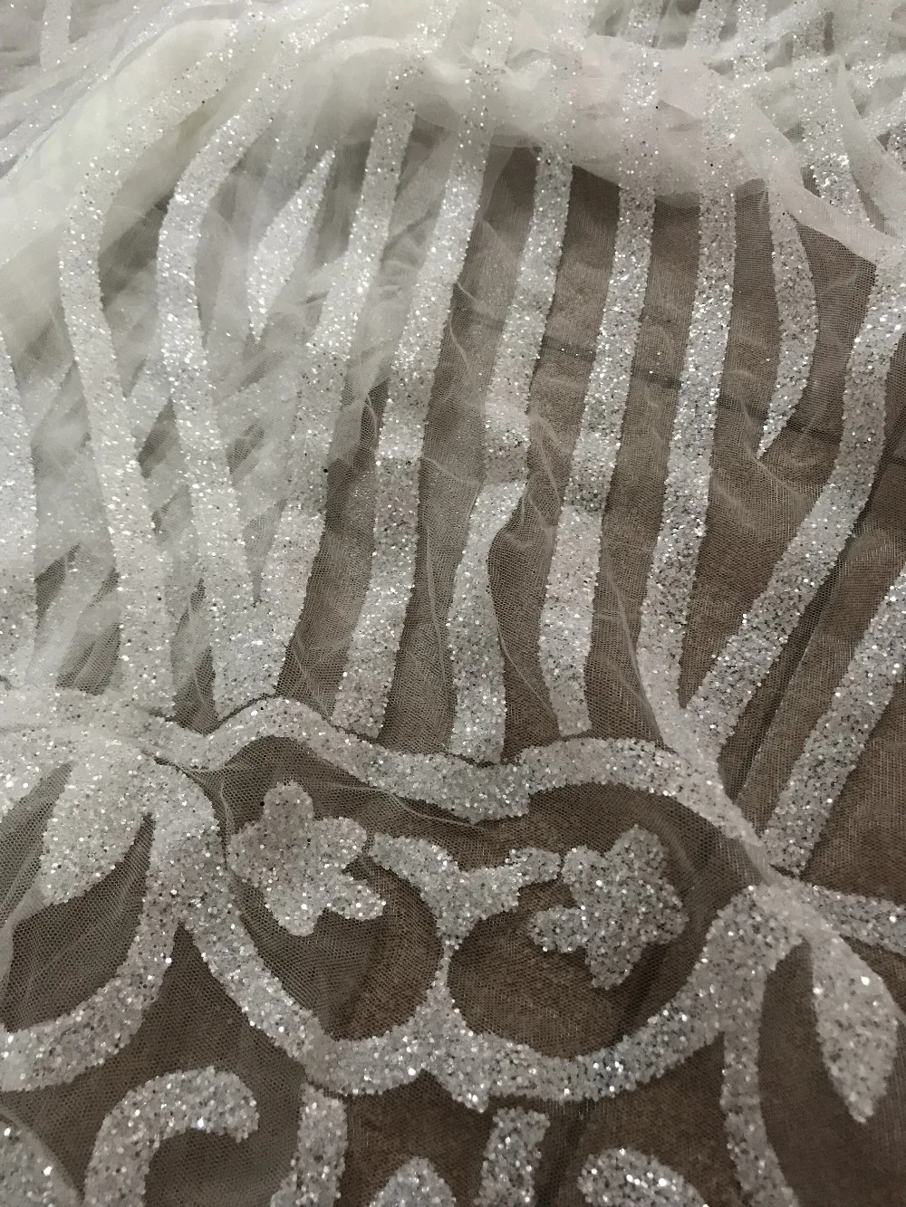 

Crystal white colour hand print glued glitter lace fabric on sale sequins mesh embroidery lace for wedding dress