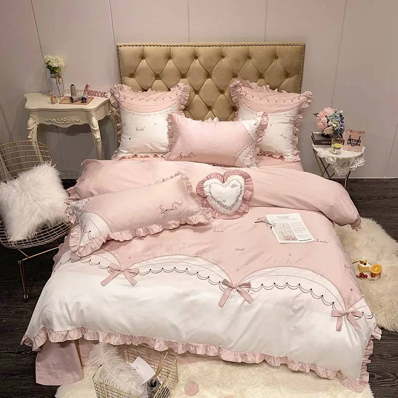 

Cute Bow Bedding Set Queen Size Embroidery Flat Sheet Egyptian Cotton Linen Ropa De Cama Duvet Cover 4/7pcs
