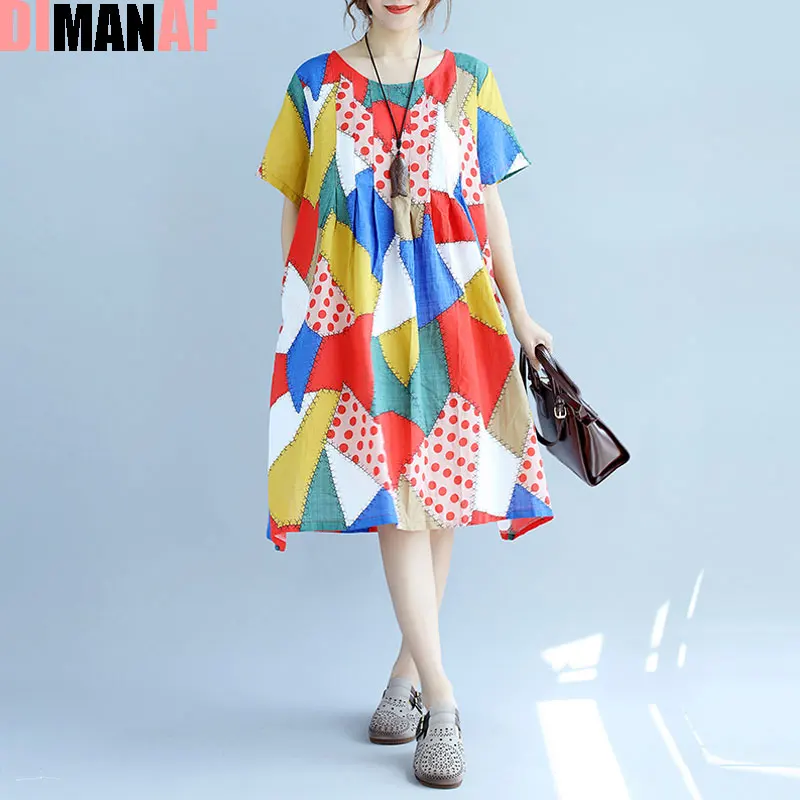 DIMANAF летнее платье больших размеров женские льняные клетчатые принты Женские