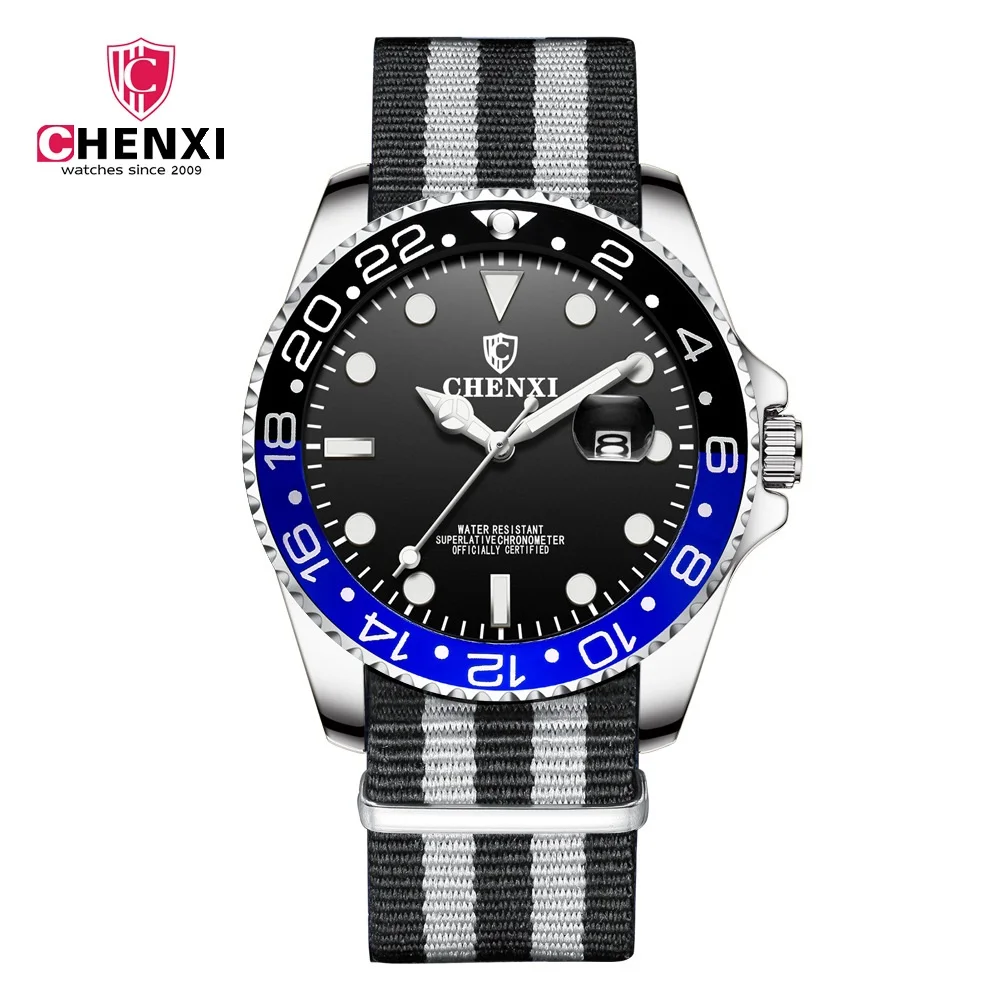 Black Blue Nylon Люксовый бренд CHENXI мужские часы из нержавеющей стали синие мужские кварцевые часы водонепроницаемые часы с календарем разноцветные Стильные повседневные деловые часы - Цвет: Black Blue Nylon
