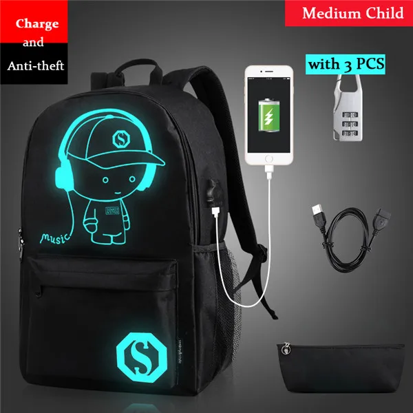 USB medium child Новая Анти-Вор сумка светящиеся школьные ранцы для мальчиков студенческий рюкзак 15-17 дюймов mochila с usb зарядным портом замок школьный ранец - Цвет: USB medium child