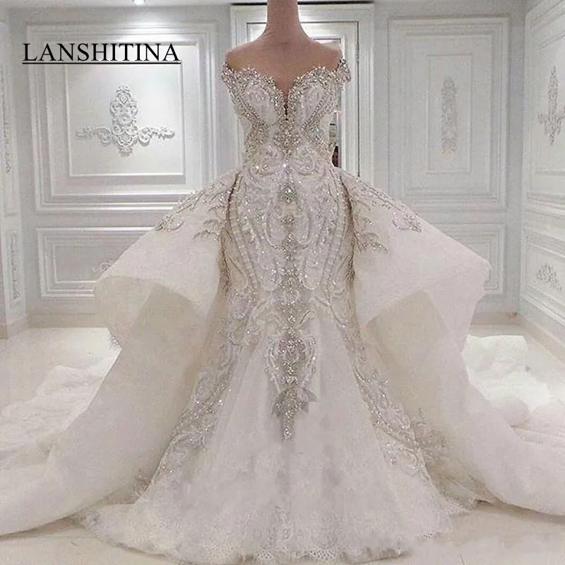 Big Overskirts Wedding Dresses Lace Beaded Crystal Portrait Mermaid Bridal Gowns 2019 Vestidos De Novia Plus Size | Свадьбы и