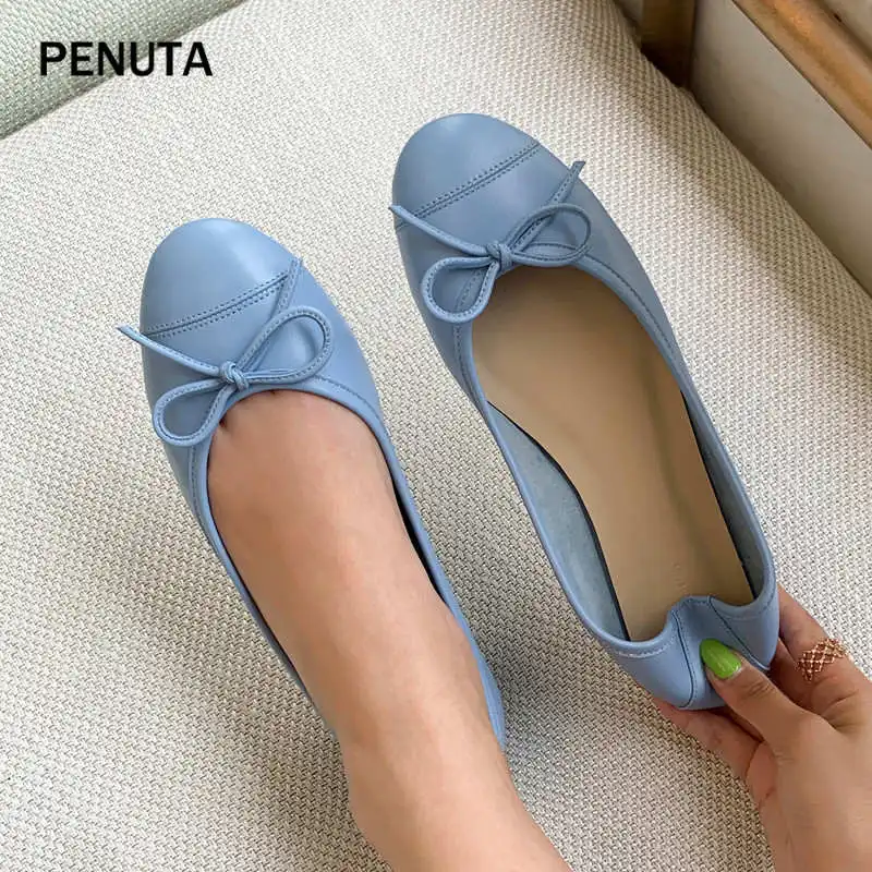 Blue PENUTA/; женская повседневная обувь из овечьей кожи; балетки на плоской подошве; тонкие туфли; женские Кожаные Мокасины с бантом; PF925 - Цвет: Blue