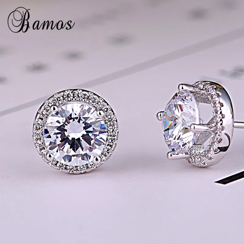 Bamos Silver Color Fashion Jewelry Round White AAA Zircon Earrings For Women Bridal Stud Best Christmas Gift HE021 | Украшения и