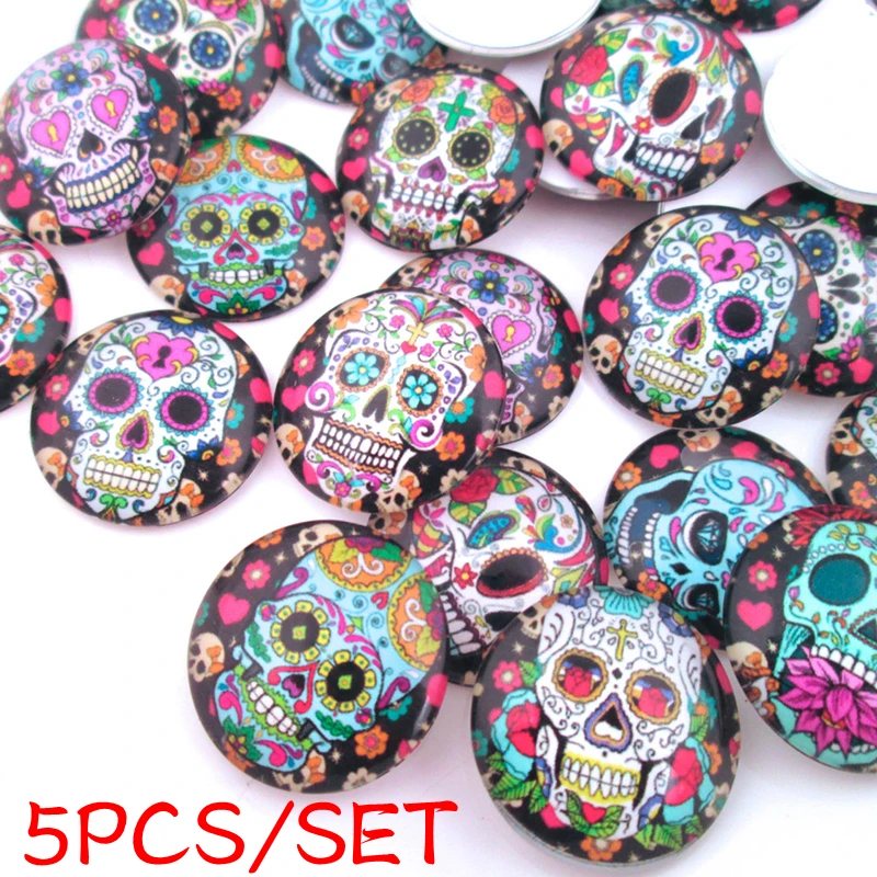 

5PCS/SET Sugar Skull Day of The Dead 25MM Glass Cabochons DIY Handmade Round Photo for Pendaant Making Jewelry Accessories
