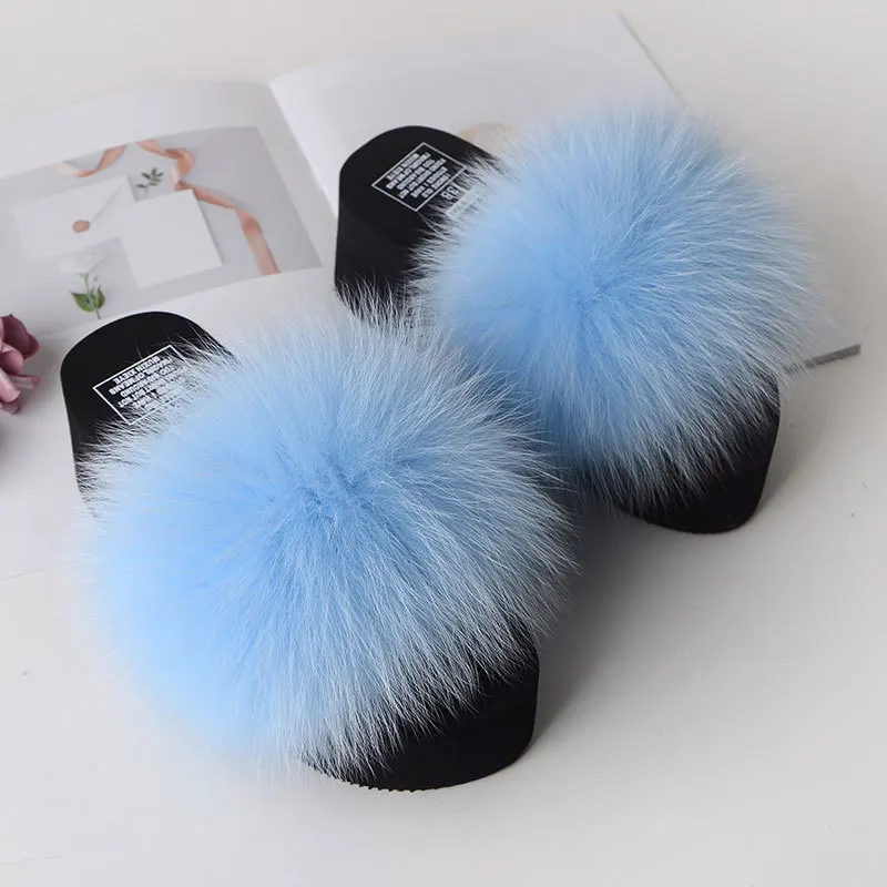 Light blue COOLSA/Новинка; женские сандалии с натуральным лисьим мехом; женские пушистые шлепанцы; повседневные меховые Вьетнамки; шерстяные плюшевые тапочки; обувь на платформе - Цвет: Light blue