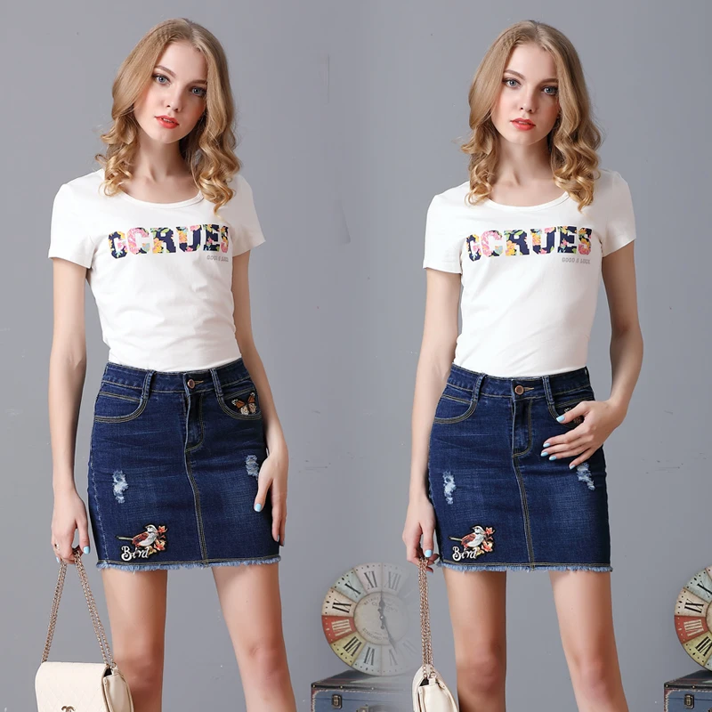 Модные Васит Джинсовая юбка синяя Империя Женщины Проблемные мини юбки карандаш