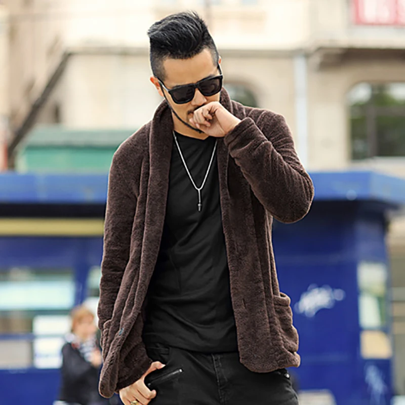Men new arrival winter black Cardigan Jacket warm plush furry slim European style coat metrosexual man Plush cardigan suit |