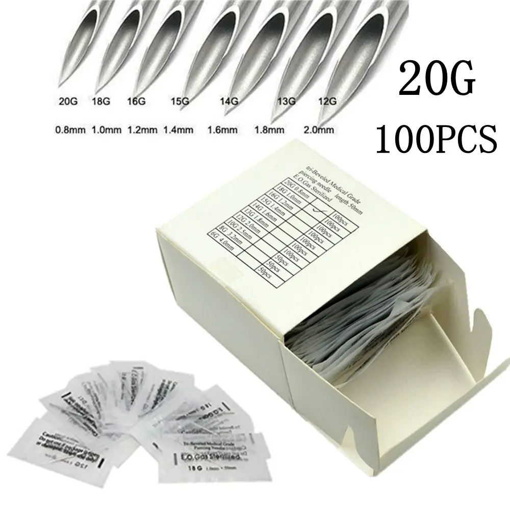 

100PCS Piercing Needles Surgical Steel 20G Disposable Body Piercing Needles E.O.Gas Sterilized Tattoo Needles