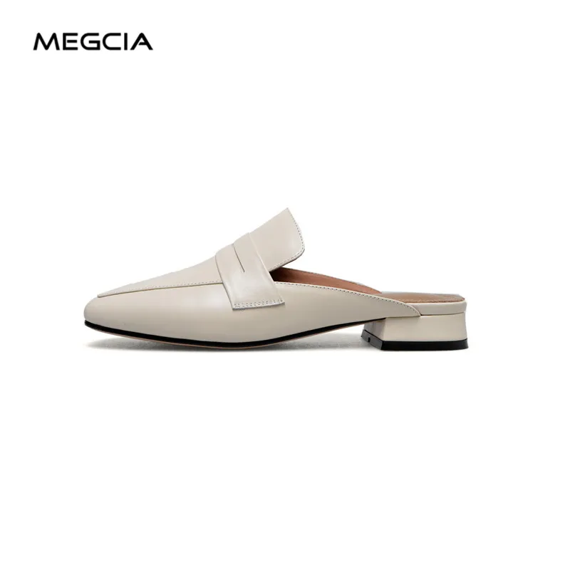 Beige MEGCIA ; женские шлепанцы; женские сандалии из натуральной кожи Шлёпанцы обувь Для женщин круглый носок замшевые Тапочки низкий каблук Повседневная обувь новые модные MM906 - Цвет: Beige