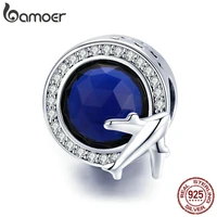 bamoer real 925 sterling silver round global plane charms blue cz beads fit women bracelets necklaces diy jewelry making scc895
