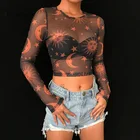 Женские милые футболки с принтом в виде солнца и луны и купидонов, летние облегающие кроп-топы с длинным рукавом, сетчатый прозрачный однотонный топ, топ для вечевечерние нки и клуба, 2019