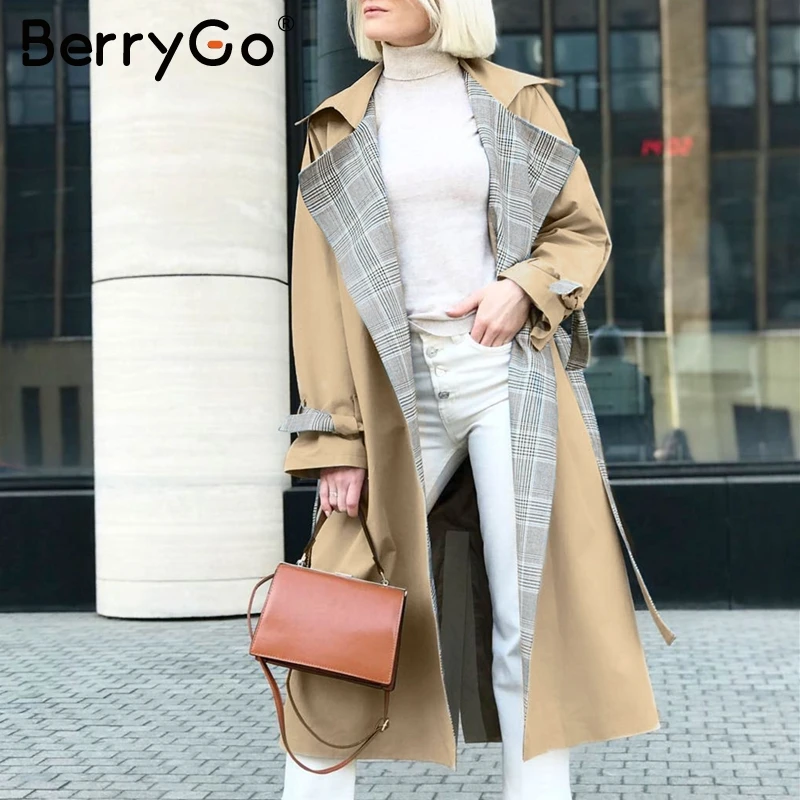 BerryGo отложной воротник сшивание Женский Тренч винтажное клетчатое осенне зимнее