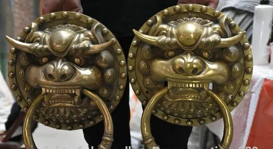 YM 316 15&quot Chinese Brass Fengshui Evil Guardion Foo Fu Dog Lion Head Door Knocker Pair | Дом и сад