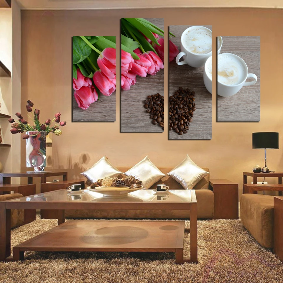 4 Pcs/Set red rose coffee beans love shape Canvas Prints Painting Modern hd flower pictures Wall for Living Room Decor | Дом и сад