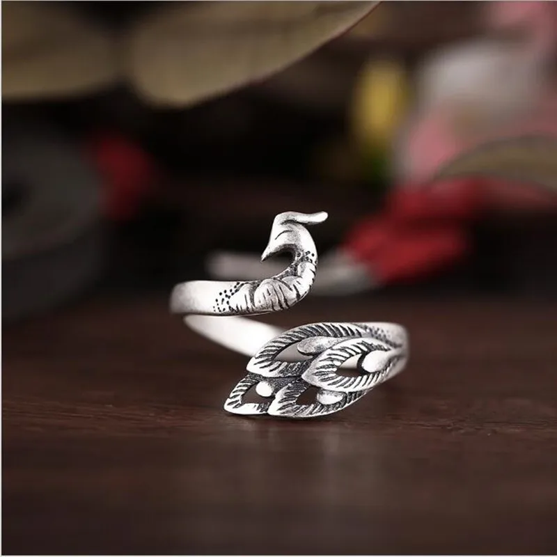 

Retro Silver Plated Jewelry Thai Silver Personality Exquisite Peacock Wear Peony Accessories Female Opening Rings R235