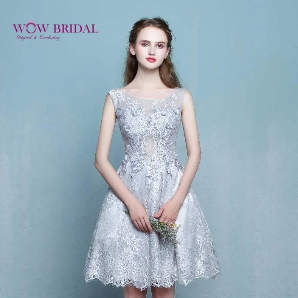 Wowbridal элегантные Серебристые синие короткие кружевные вечерние платья 2017 Abendkleider