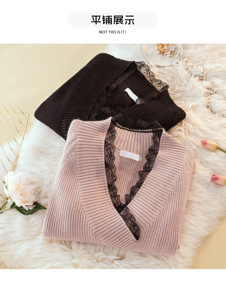 XL-XXXL размера плюс женские зимние свитера Одежда кружевной v-образный вырез пэчворк длинный рукав Свободный Повседневный пуловер вязаный свитер