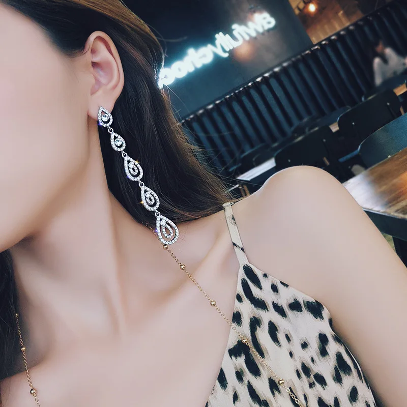 MENGJIQIAO 2018 Новые Роскошные Полные Стразы капли воды длинные Pendientes Mujer Moda элегантные