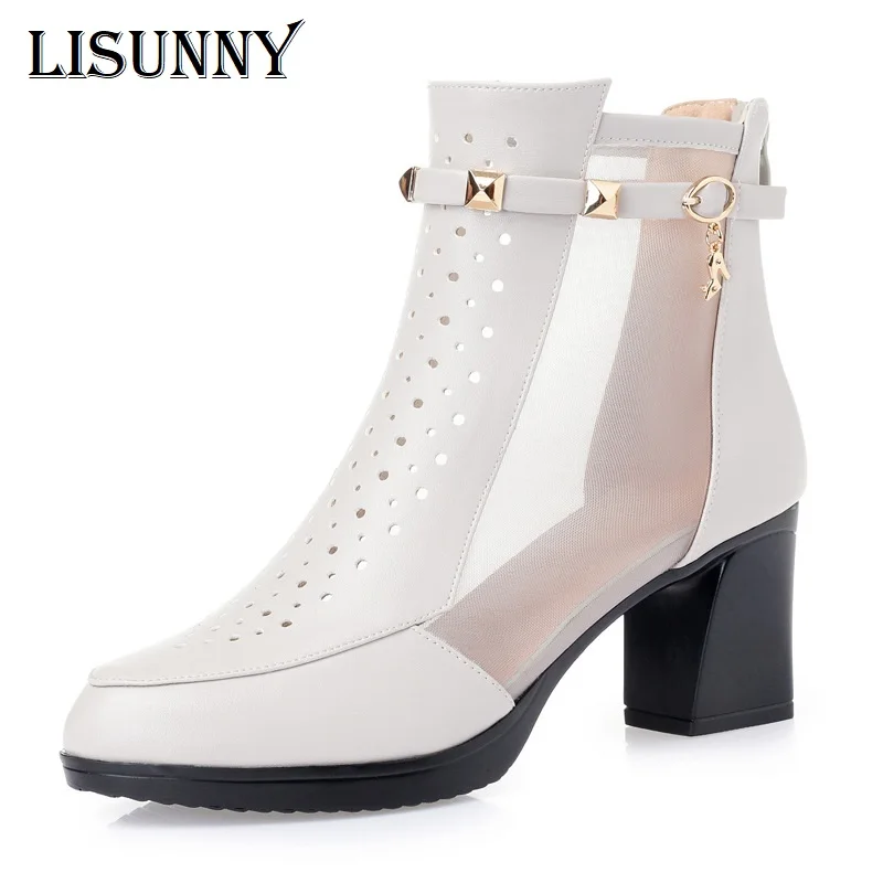 

LISUNNY/Новинка 2019 года; Модные женские сетчатые ботинки; Ботинки Martin на высоком каблуке; Летние женские туфли-лодочки с металлическими стразам...