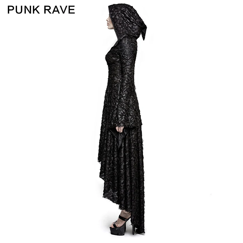 Женское готическое платье с капюшоном черное в стиле панк рейва средней длины