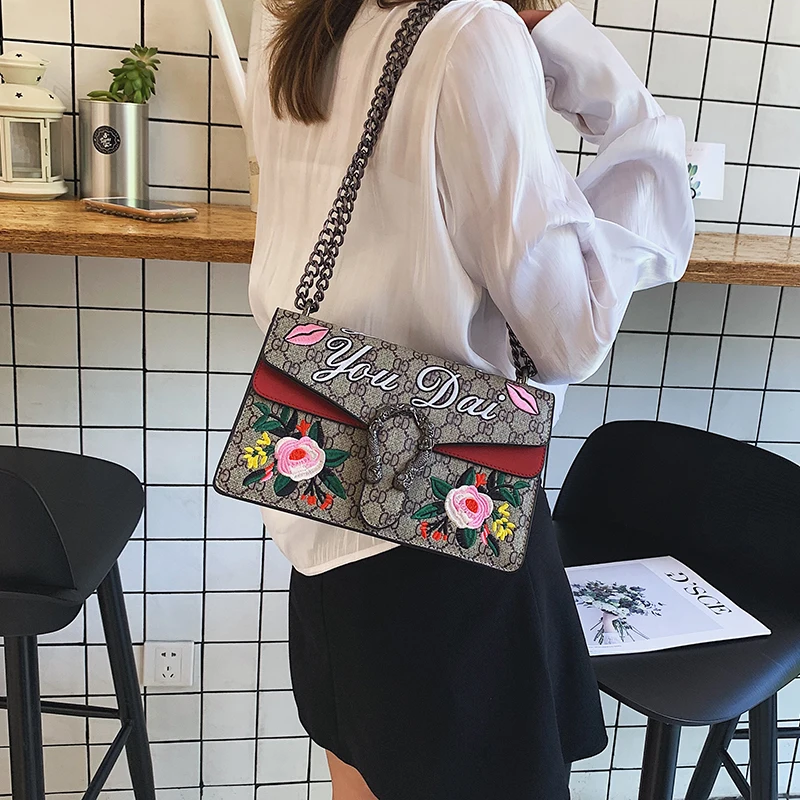 2019 известный бренд роскошная сумка женская с вышивкой дизайнерская цепочкой