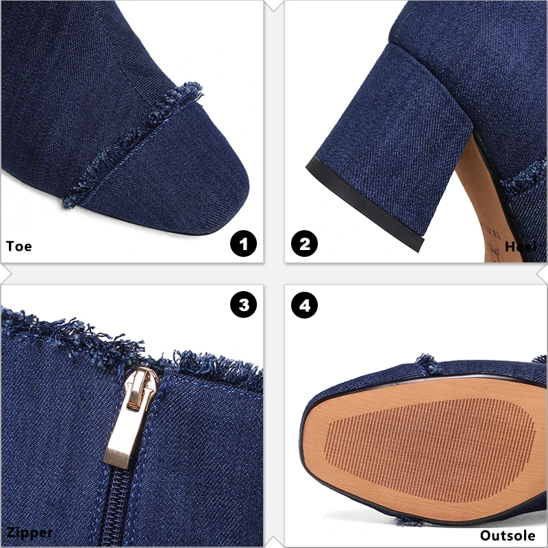 Женские джинсовые ботильоны с квадратным носком на высоком каблуке-копытце