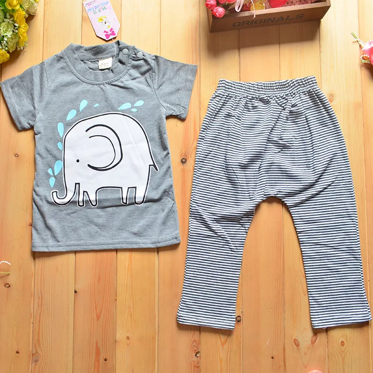 

New Summer Baby Clothes Wear Cotton Short Sleeved T-shirt Suits Cartoon Elephant Boy Costume For Kids Suit Vestido Infantil T