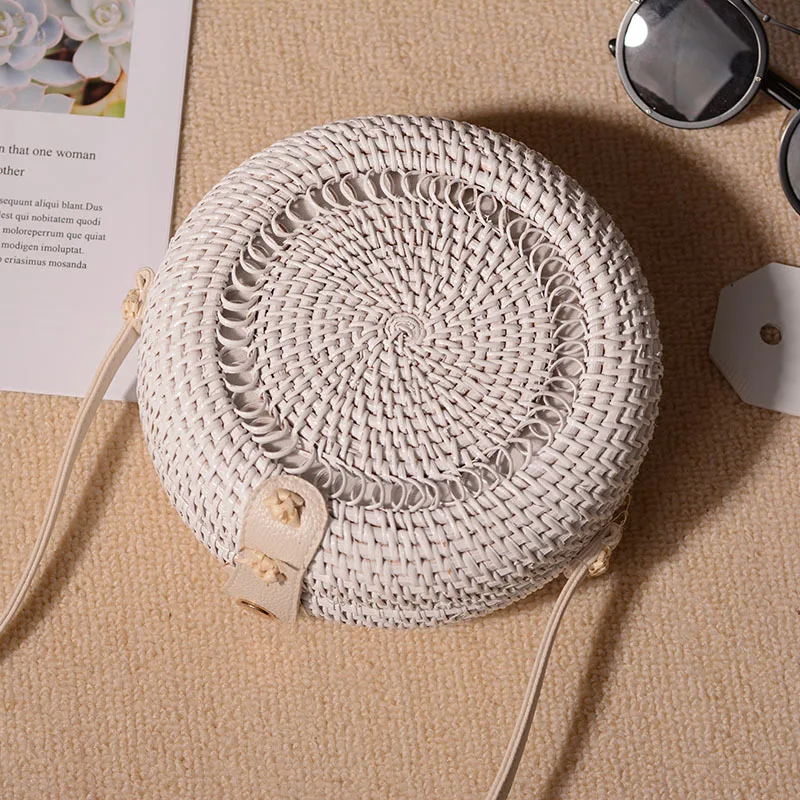 

Mini White Rattan Bags For Women Bali Vintage Beach Shoulder Bag Handmade Woven Round Crossbody Bag Boho Hollow Small Handbag