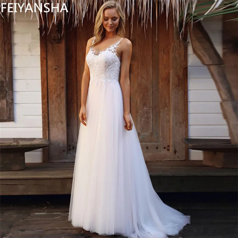 

Simple Wedding Dress 2019 Lace Illusion High Split Back Zipper Vestido de Noiva Robe de Mariee Bride Dress with Sweep