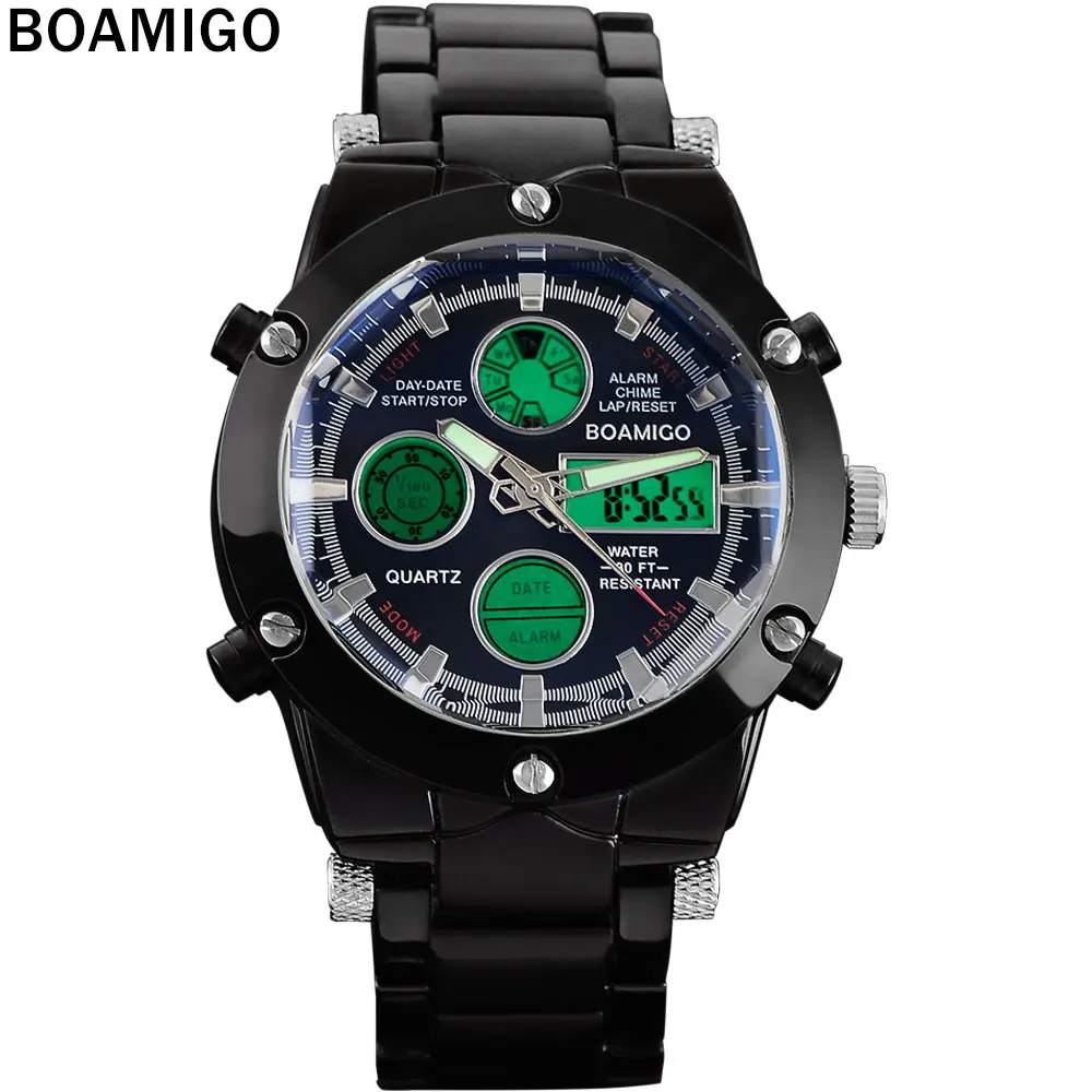 Мужские спортивные часы BOAMIGO мужские стальные черный браслет светодиодные