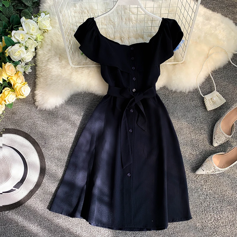 Summer lotus leaf collar single-breasted pocket waist strap dress 2019 new fashion women's adult clothing | Женская одежда